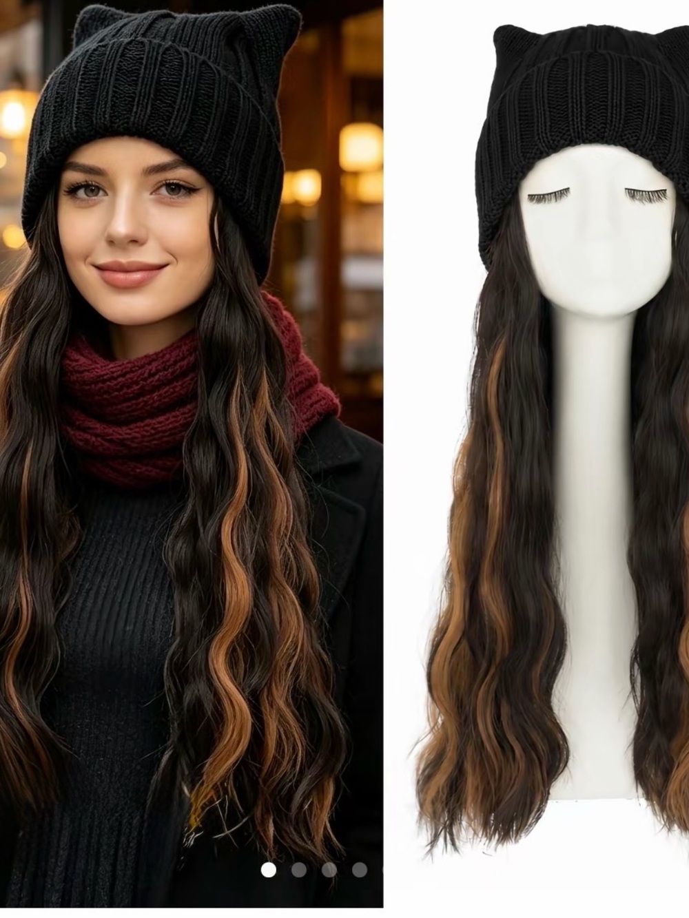 Black Knit Cat-Ear Beanie with Long Wavy Black-Brown Hair